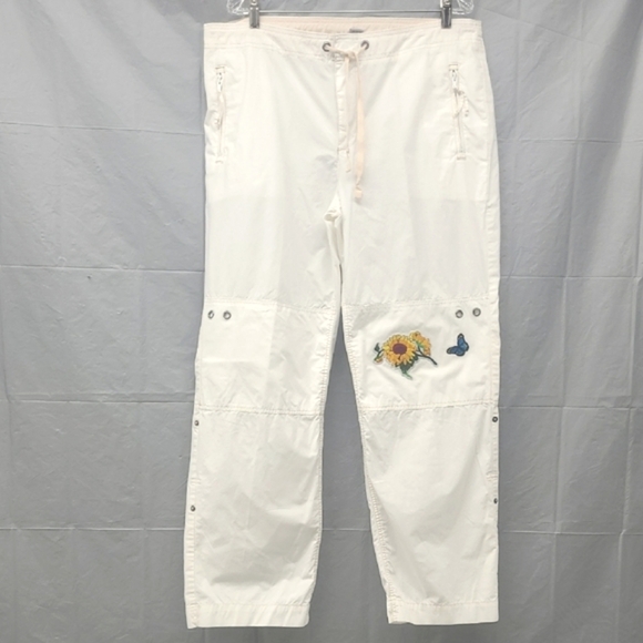 White Wide Leg Cargo Pants Drawstring Sunflower Butterfly Patches - Picture 1 of 12